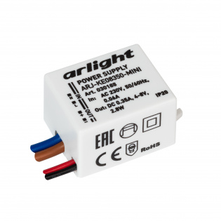 Блок питания ARJ-KE08350-MINI (2.8W, 350mA) (Arlight, IP20 Пластик, 5 лет) : AC/DC [ток 300-350mA]
